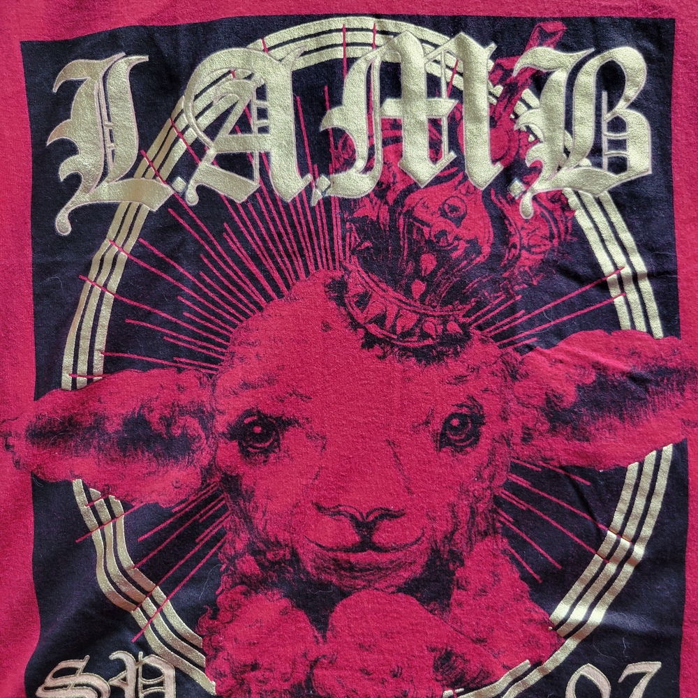 L.A.M.B. Red Muscle Tee with Gold Lamb Graphic - Picture 2 of 5